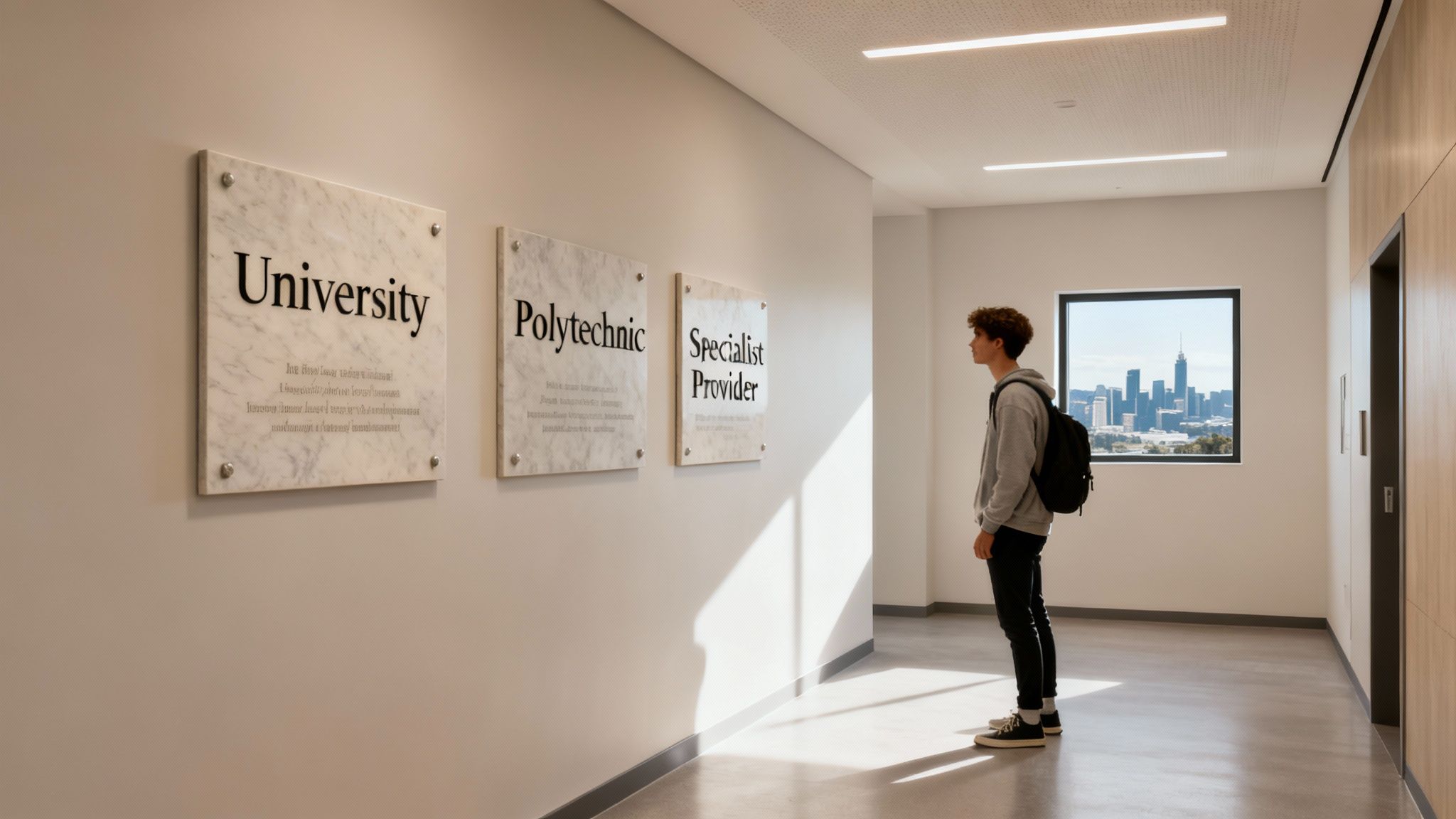 A student stands in a modern hallway, looking at signs for university, polytechnic, and specialist provider options, with a city skyline visible outside.