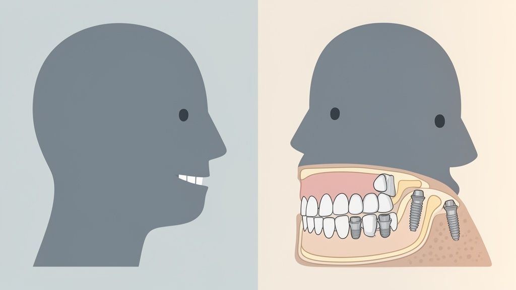 Illustration comparing natural teeth to a cross-section of a jaw with various dental implant types.