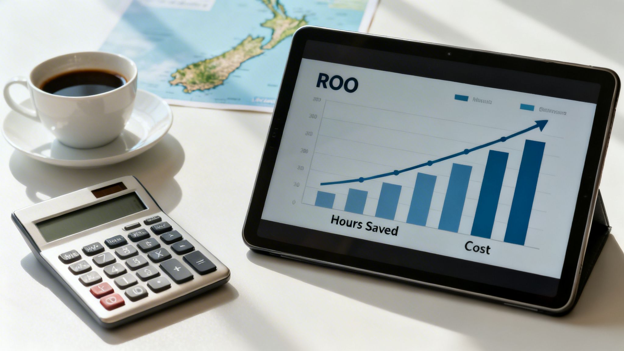 A tablet displays a ROO graph showing increasing hours saved and cost, beside a calculator, coffee, and a New Zealand map.