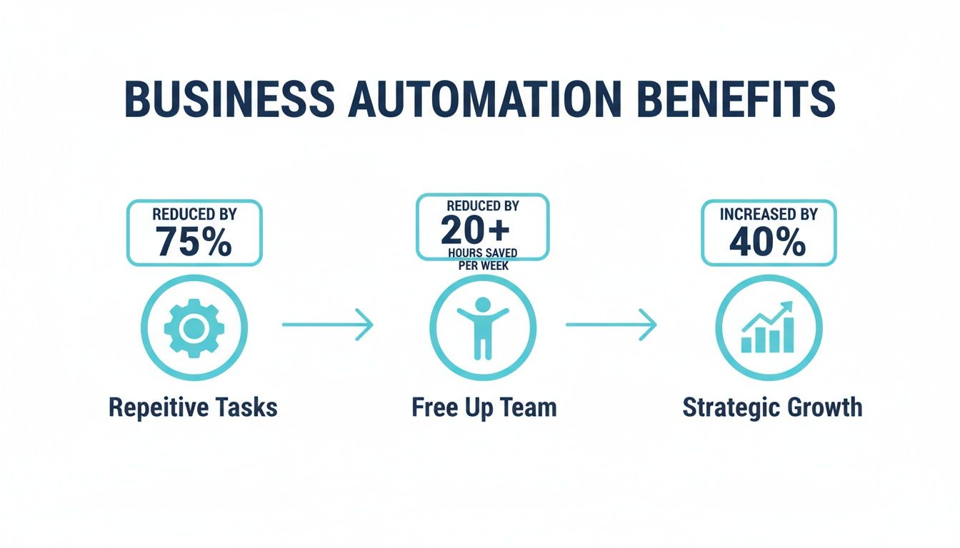 Infographic showing business automation benefits: 75% reduction in repetitive tasks, 20+ hours saved weekly, and 40% increase in strategic growth.