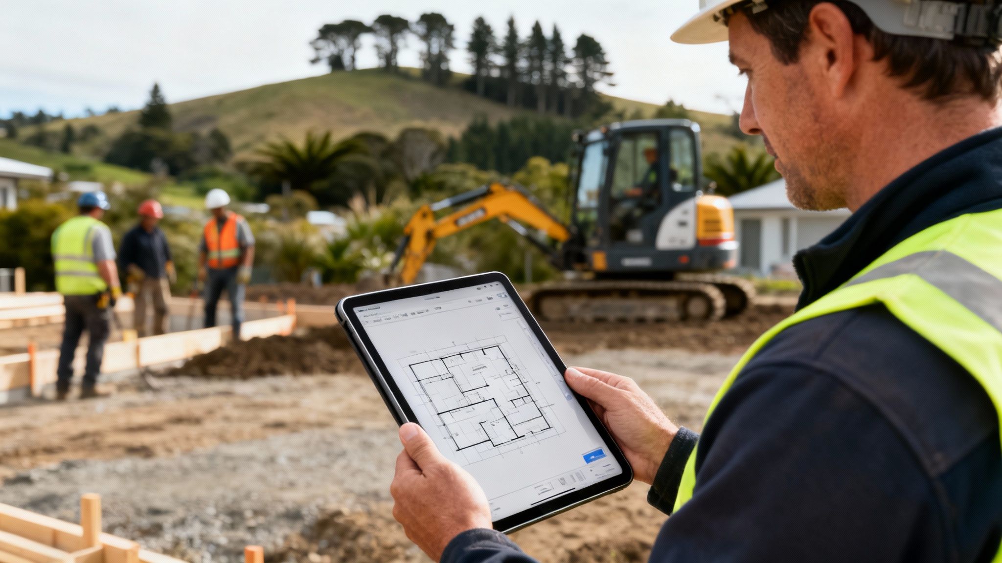 A construction worker in a hard hat reviews building plans on a tablet at a site.