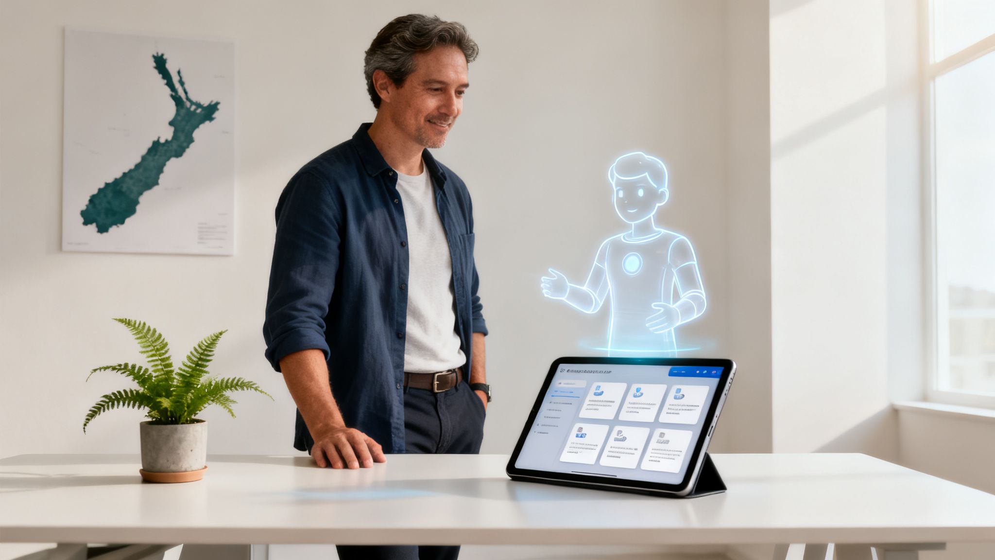 Man smiles at a holographic robot assistant interacting with a tablet displaying a business app.