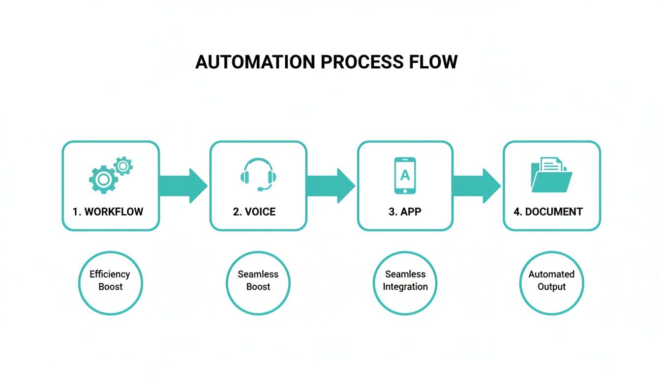 Automation process flow showing Workflow, Voice, App, and Document stages with efficiency and integration benefits.