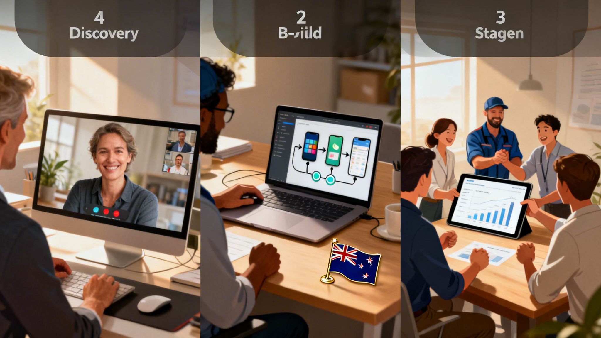 Three panels illustrate a business process: a video call, app development, and a team strategy meeting.