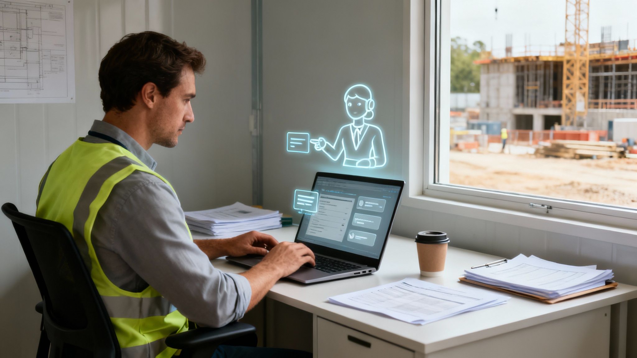 A construction worker in a safety vest uses a laptop with a virtual assistant, overlooking a busy building site.