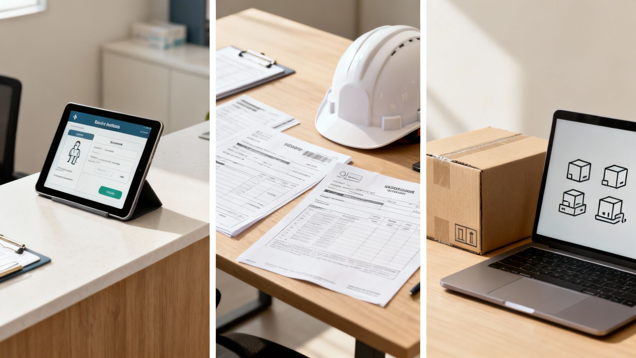 Three distinct scenes showing a tablet, construction documents, and a laptop with box icons.