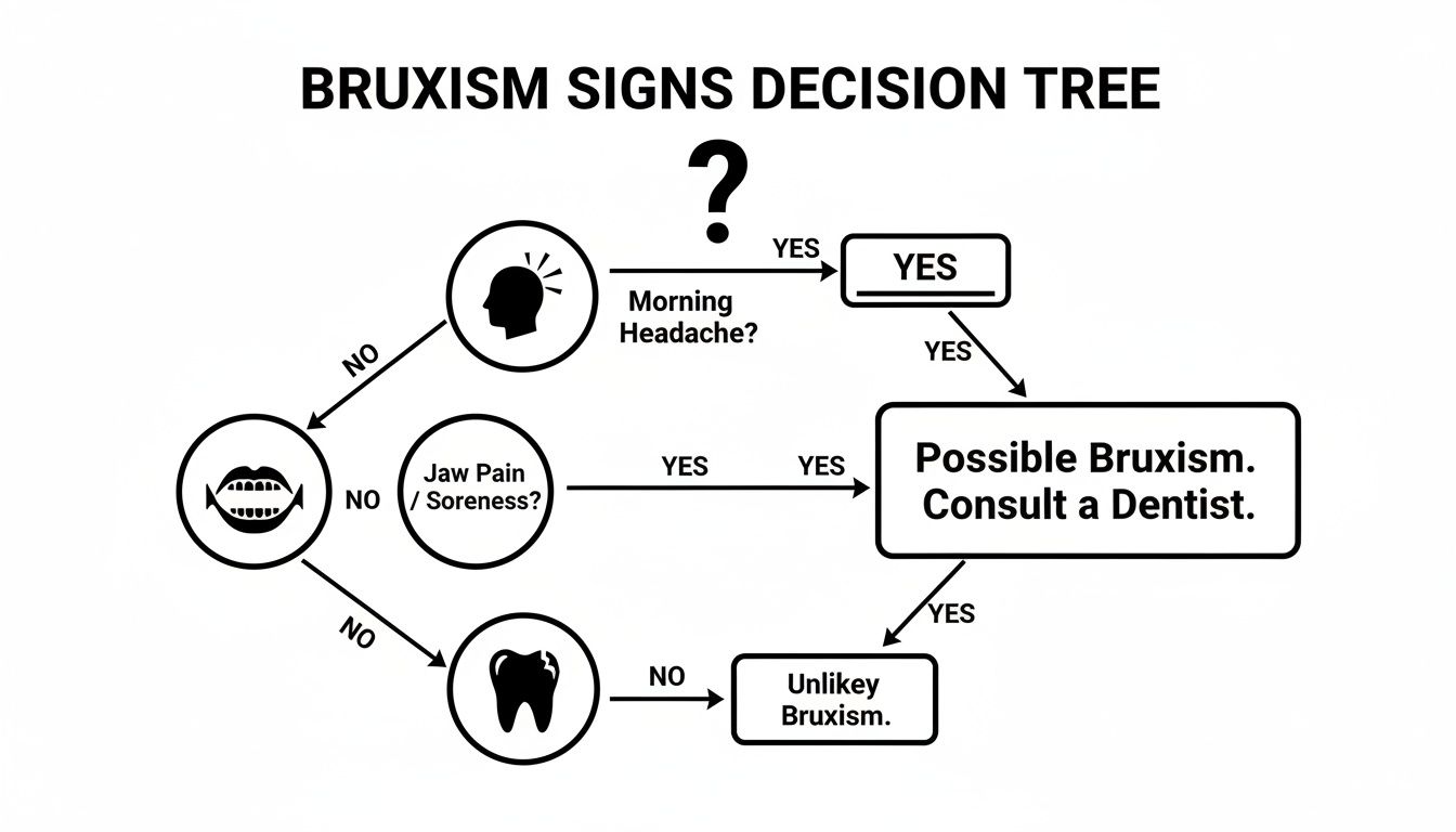 A decision tree flowchart illustrating bruxism signs, guiding users through symptoms like morning headaches and jaw pain.