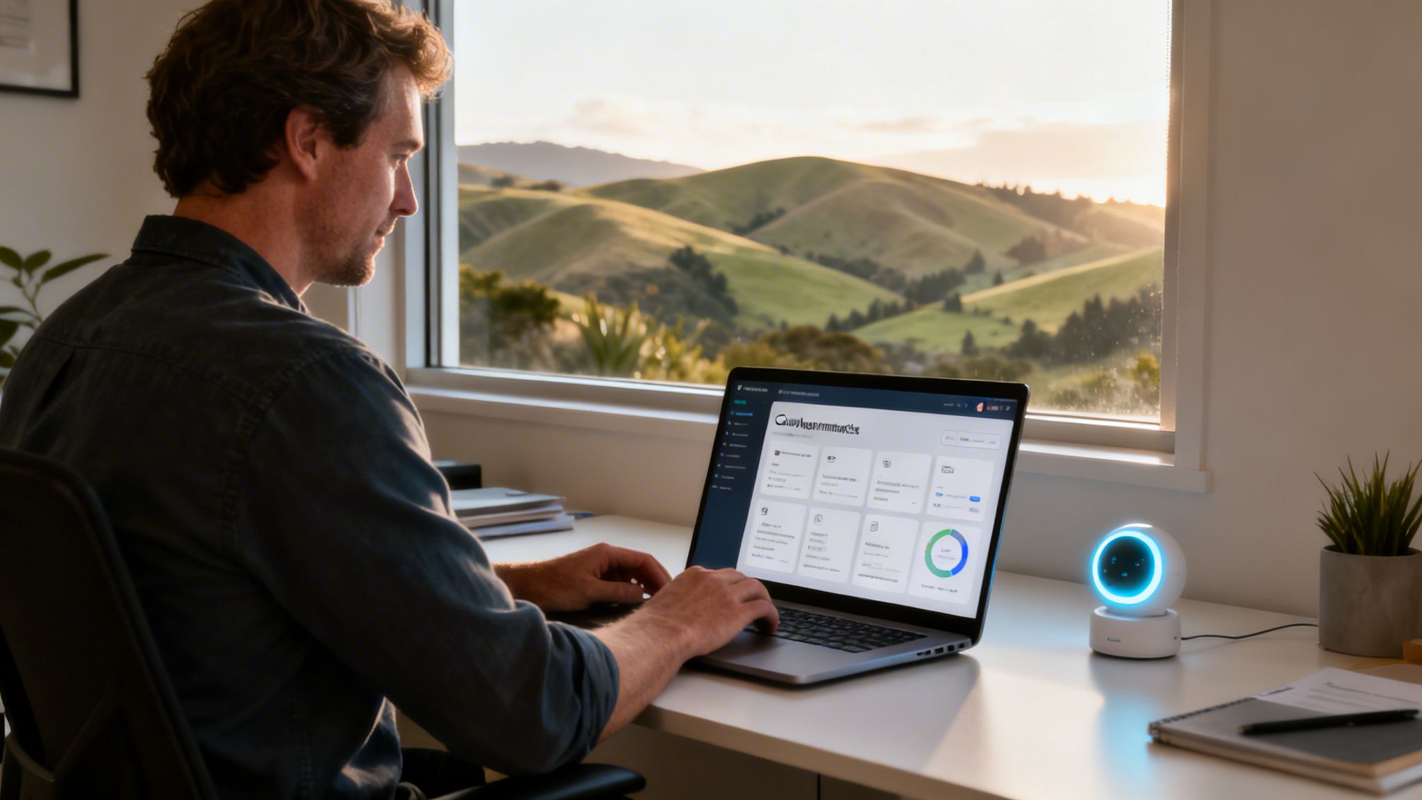 Man works on laptop at a desk with an AI device, overlooking green hills at sunset.