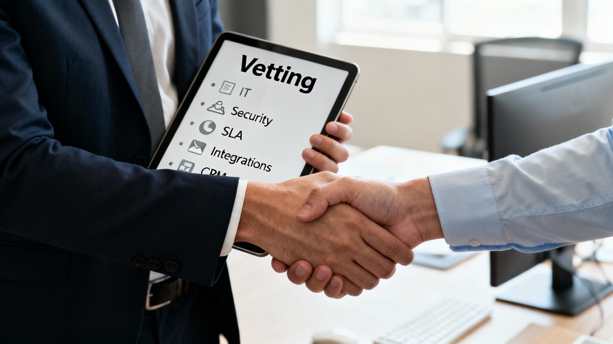 Professionals shaking hands, with a tablet displaying a 'Vetting' checklist for IT services.