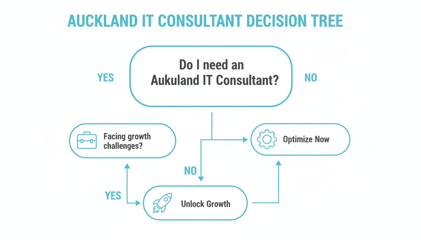 Auckland IT consultant decision tree flowchart for businesses to evaluate IT service needs.