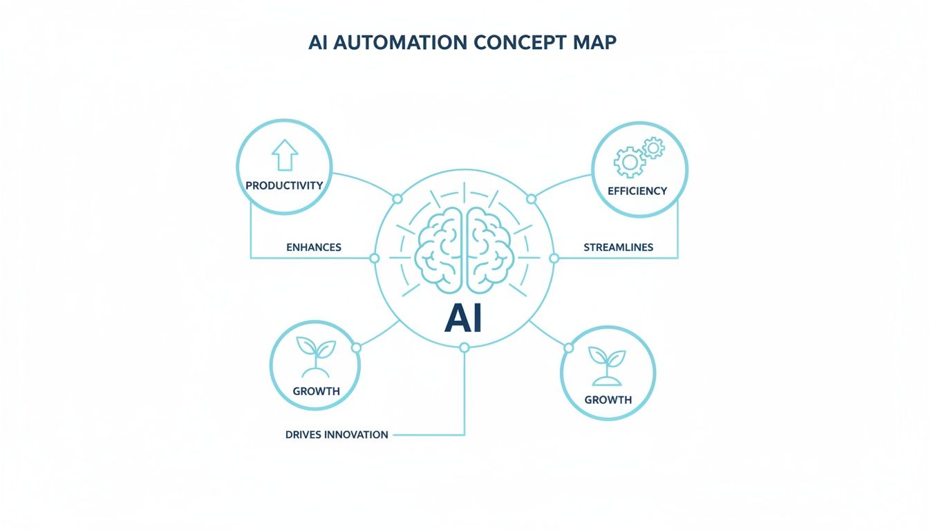 AI automation concept map showing how AI enhances productivity, streamlines efficiency, and drives growth.