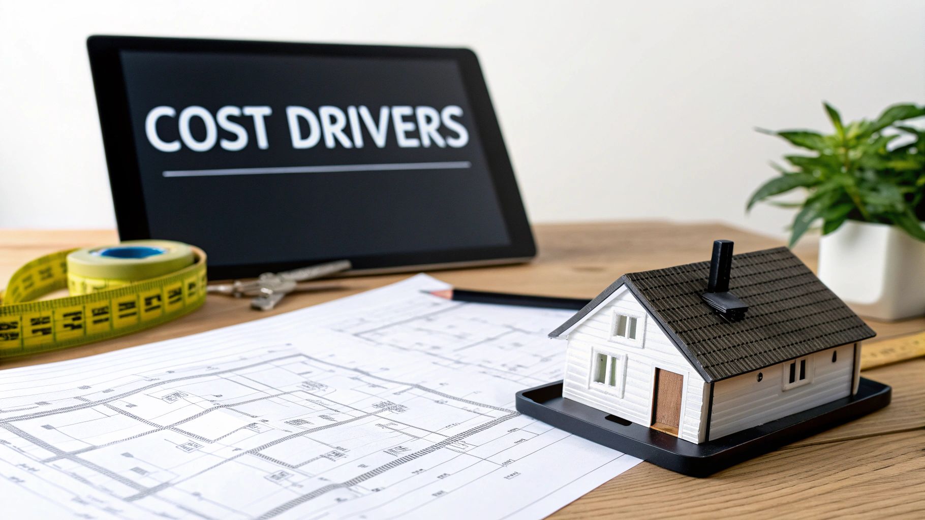 Tablet displaying 'COST DRIVERS', a house model, blueprints, and measuring tape on a wooden desk.