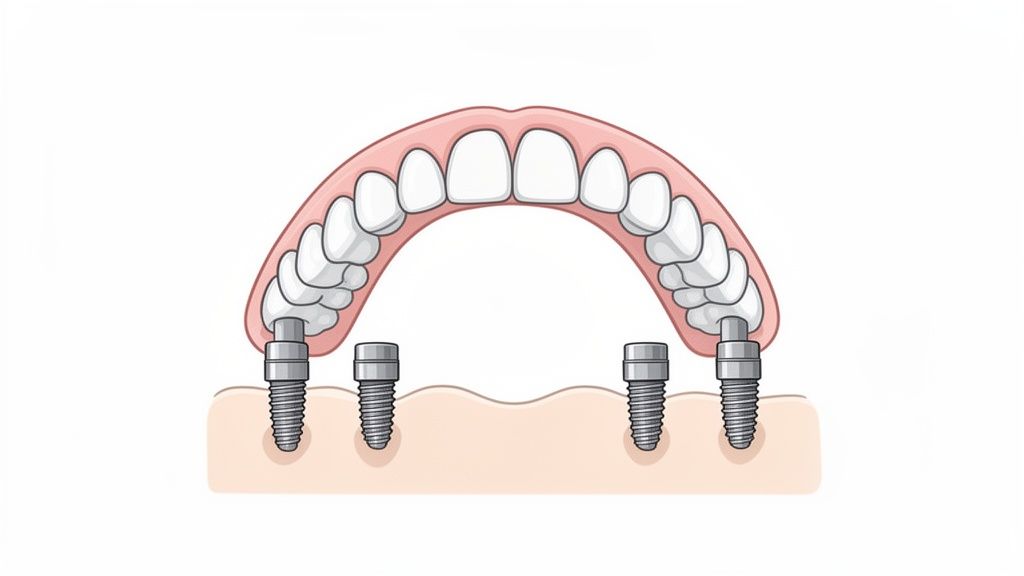 Illustration of an upper dental arch denture being attached to four dental implants.