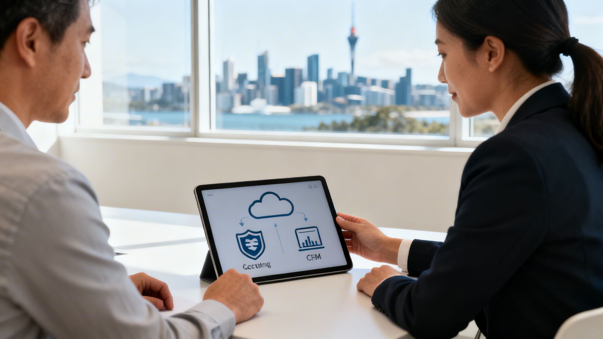 Two professionals discuss cloud-based accounting and CFM software on a tablet with a city skyline view.