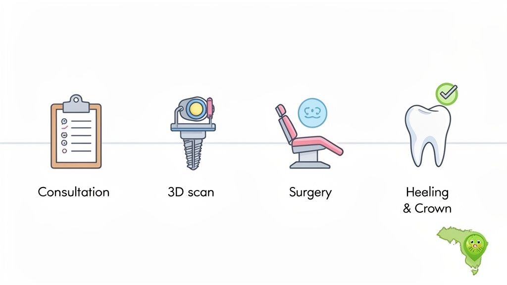 An illustration showing the four steps of a dental implant procedure: consultation, 3D scan, surgery, and healing with a crown.