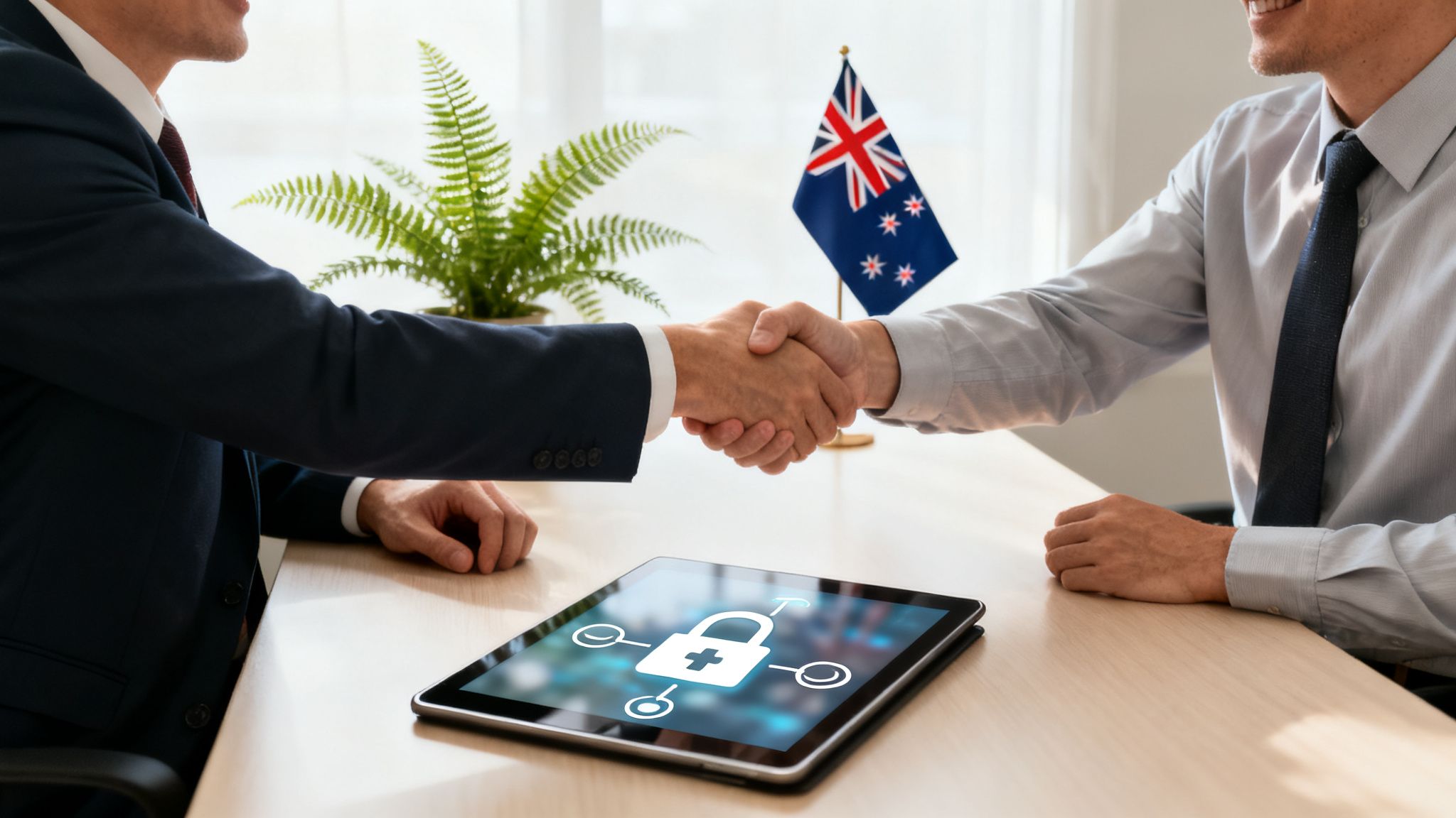 Two businessmen shake hands over a tablet displaying a cybersecurity icon, with an Australian flag in the background, symbolizing data protection.