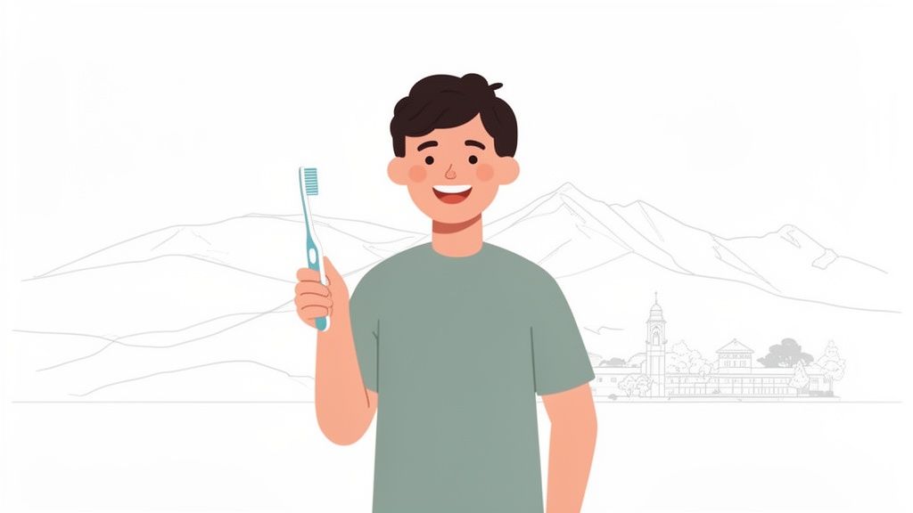 A smiling cartoon boy holds a blue toothbrush, set against a background of mountains and a town.
