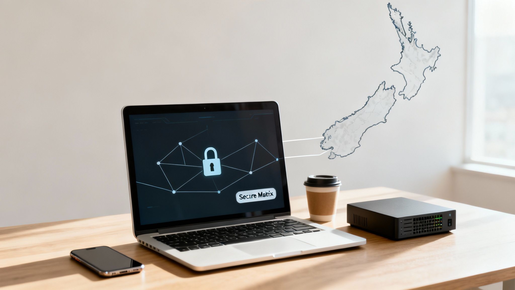 Laptop displaying 'Secure Matrix' and a padlock, with lines extending to a New Zealand map on the wall, representing digital security.