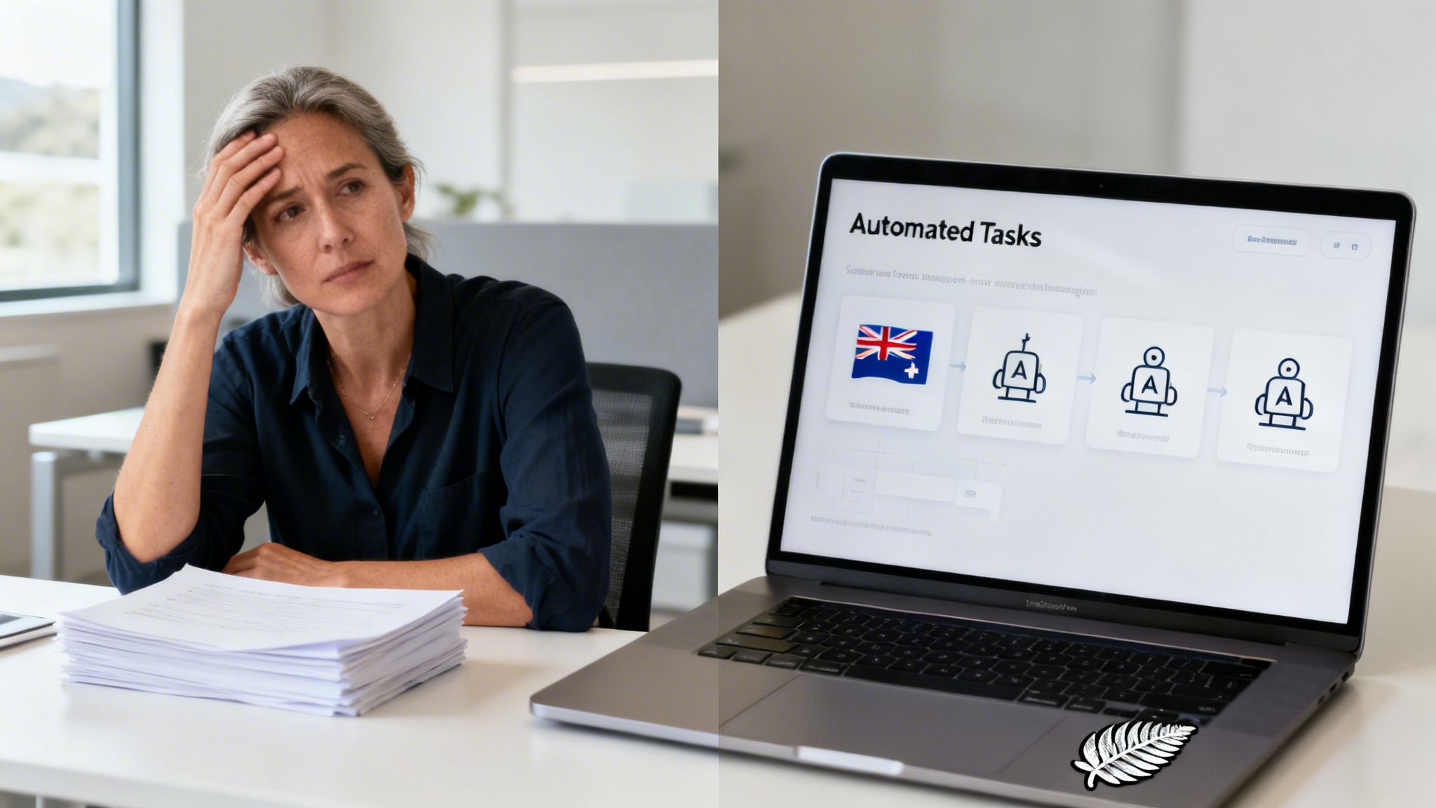 A woman looking stressed at a desk with papers, next to a laptop displaying "Automated Tasks" and an NZ fern.