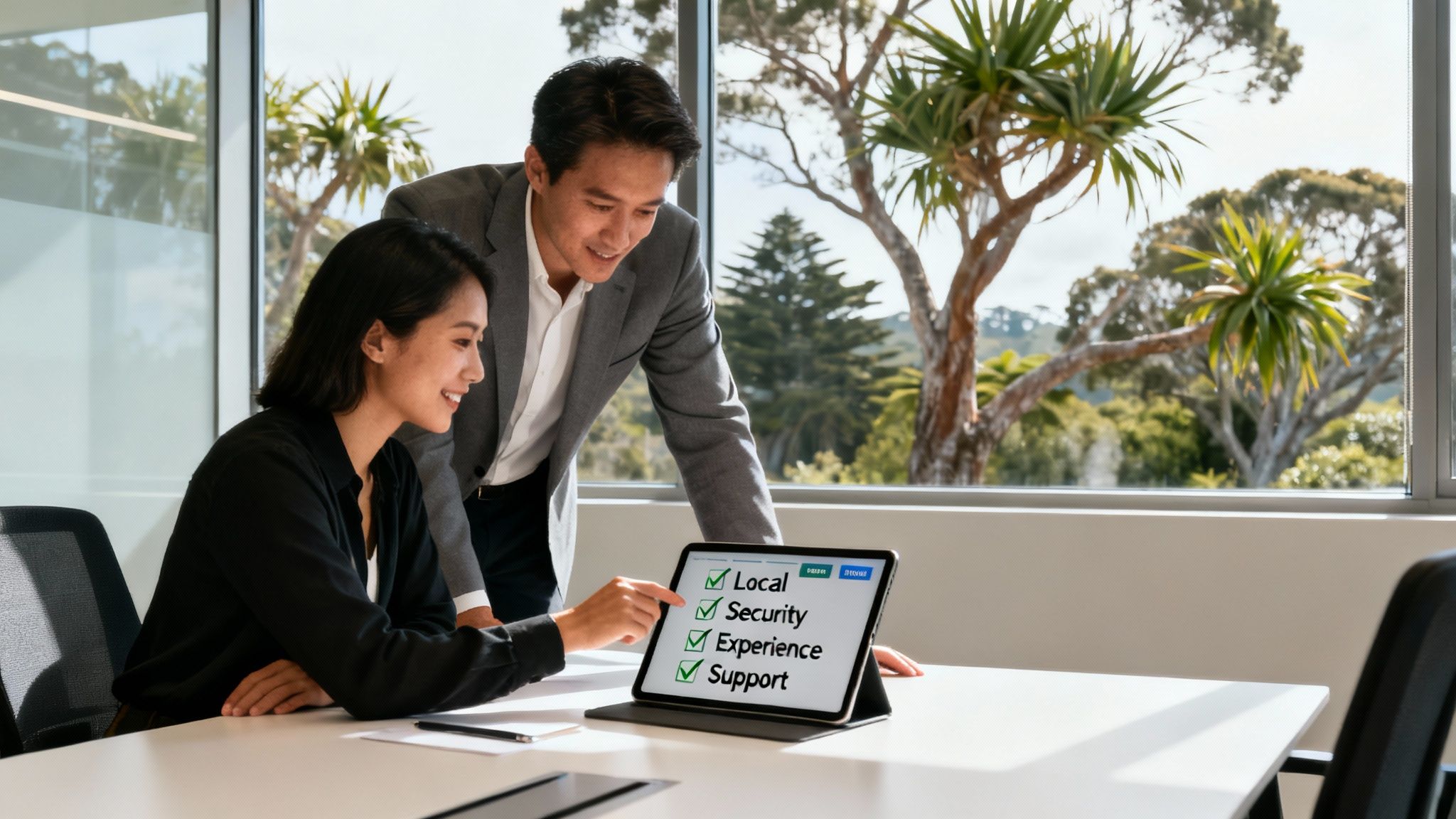 Two smiling business professionals reviewing a checklist on a tablet in a bright office with nature views.