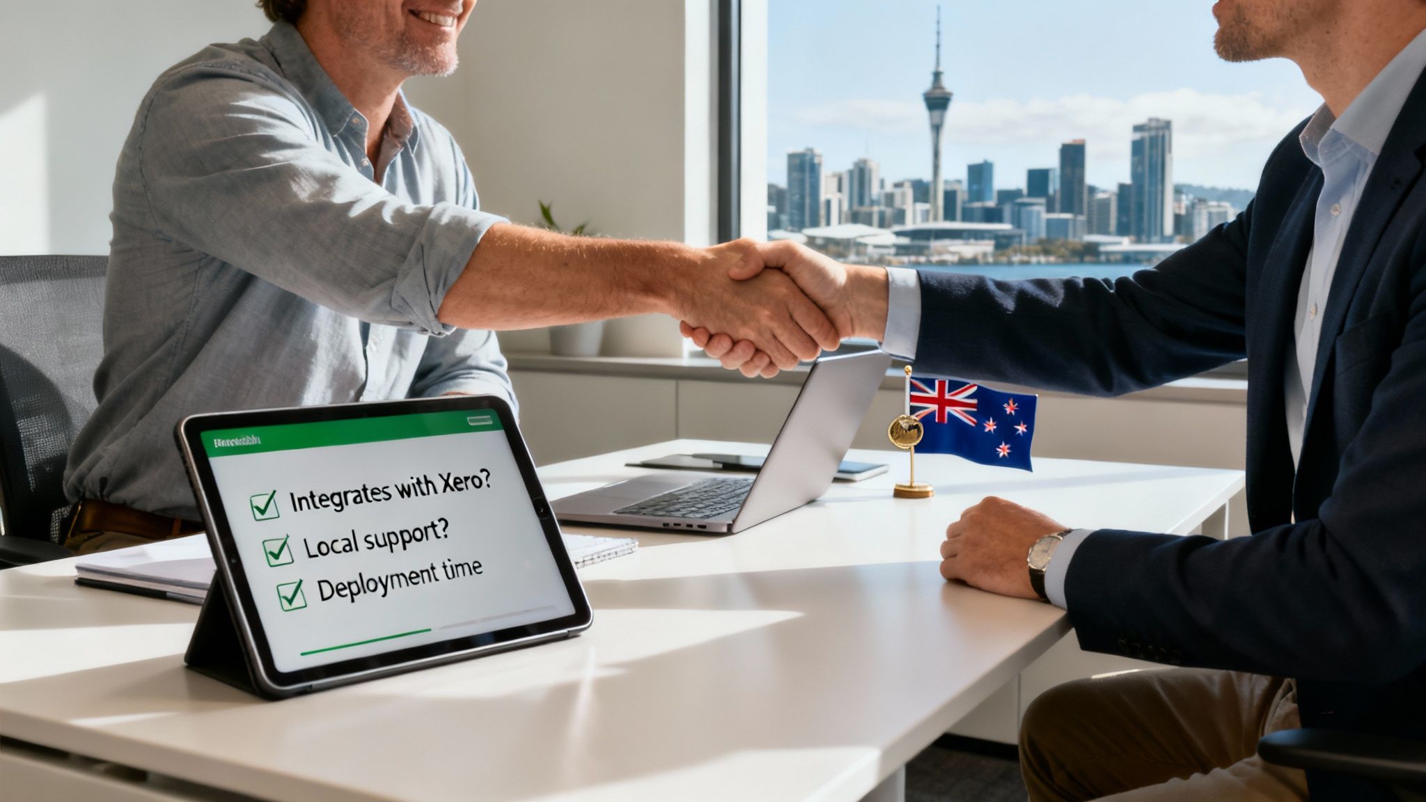 Two men shaking hands, a tablet with business checklist, New Zealand flag, and Auckland skyline.