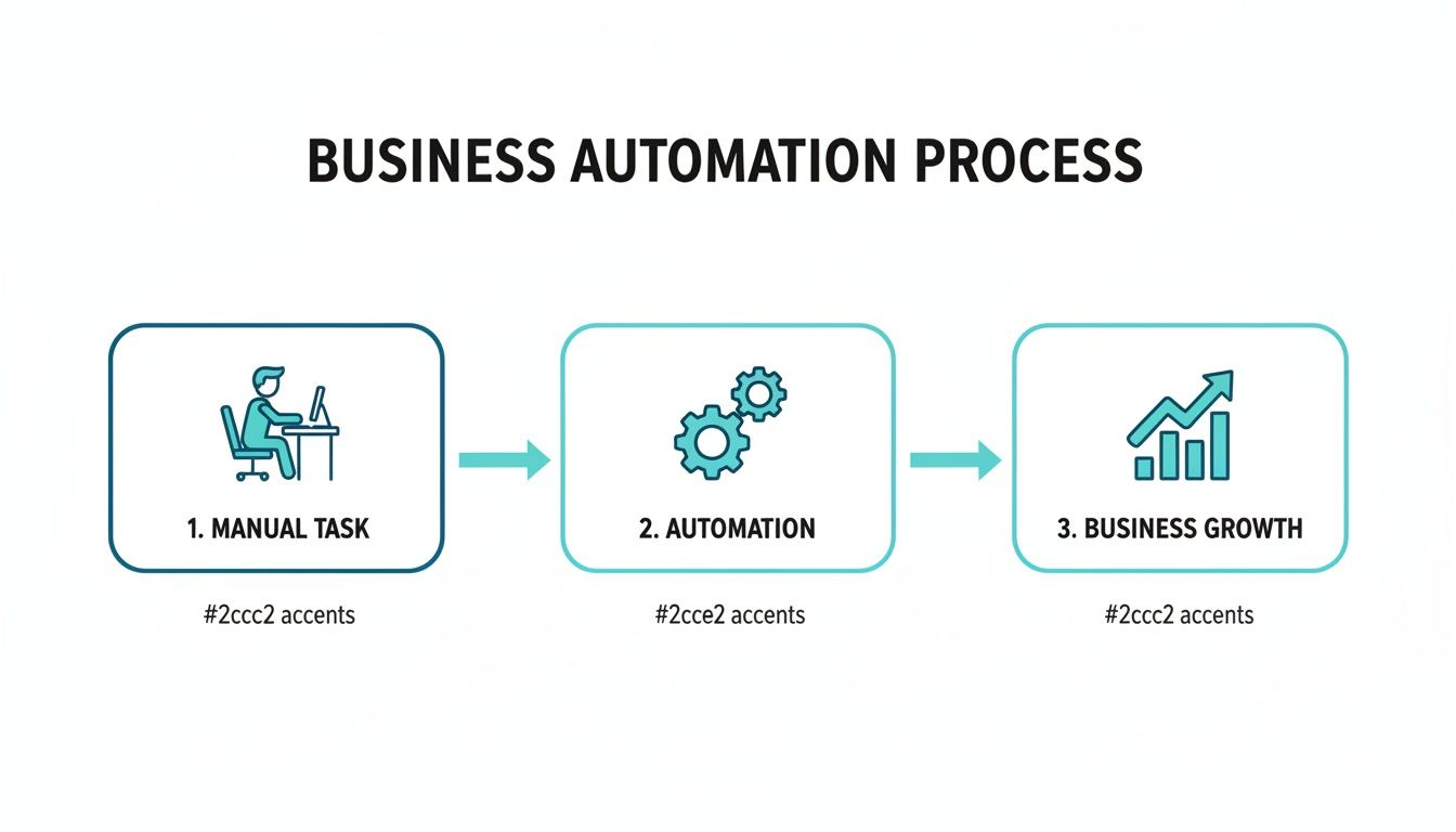 A business automation process diagram showing the journey from manual tasks to automation and business growth.