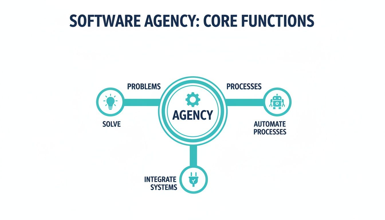 A diagram illustrating the core functions of a software agency: solve problems, automate processes, and integrate systems.