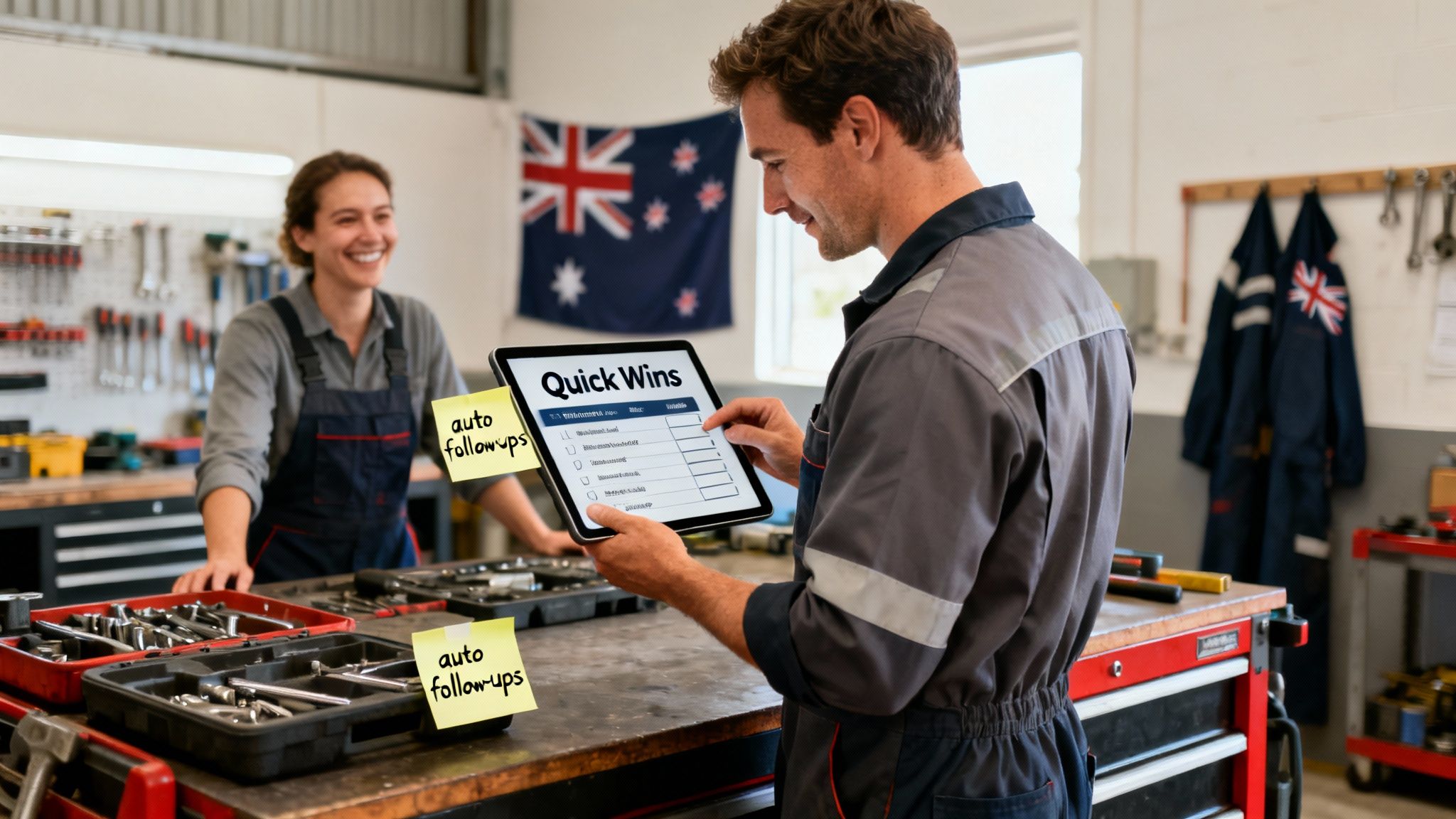 Two mechanics in a garage, one using a tablet to review 'Quick Wins' checklist for productivity.