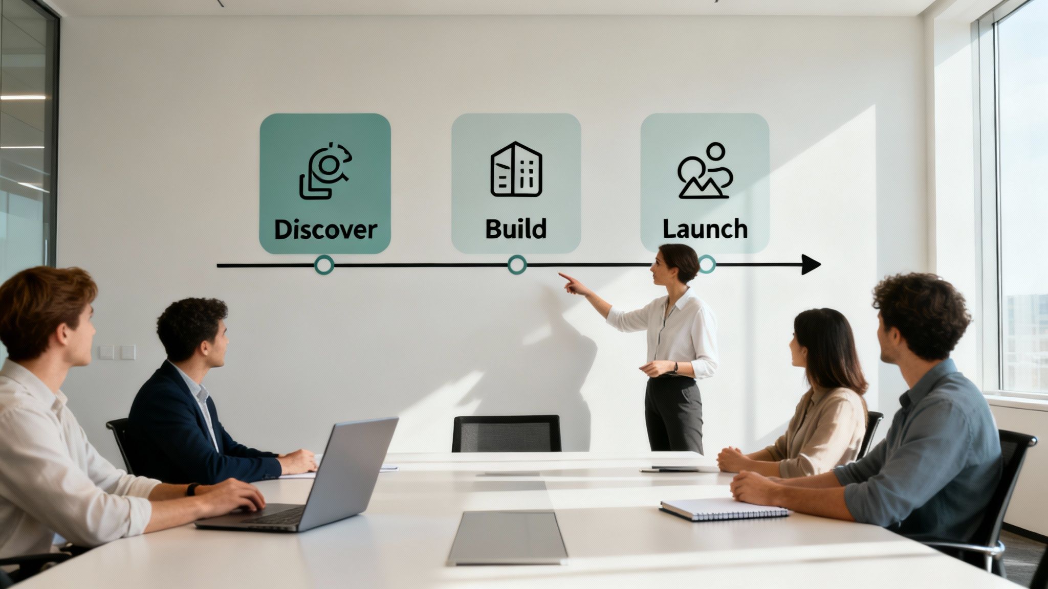 Business team meeting in a conference room with a presenter explaining a 'Discover, Build, Launch' timeline.