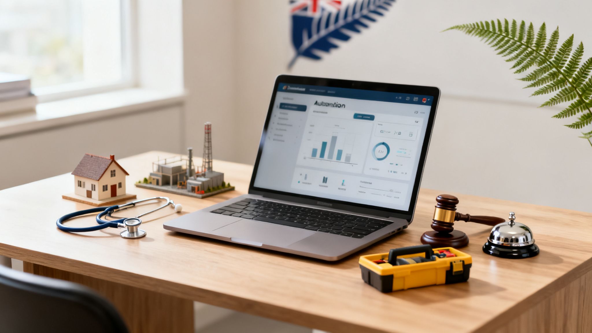 Desk with a laptop displaying an automation dashboard, mini house, factory, stethoscope, gavel, and toolbox.