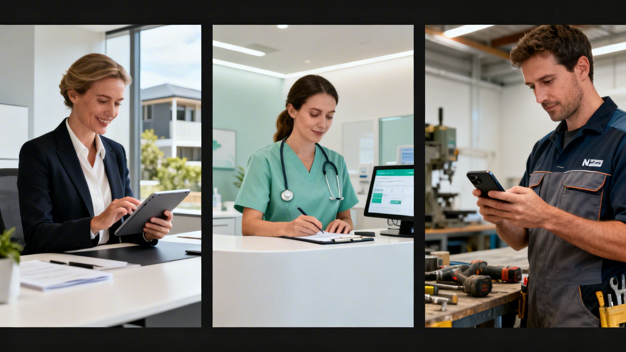 Three professionals: a businesswoman using a tablet, a nurse writing, and a technician checking his phone.