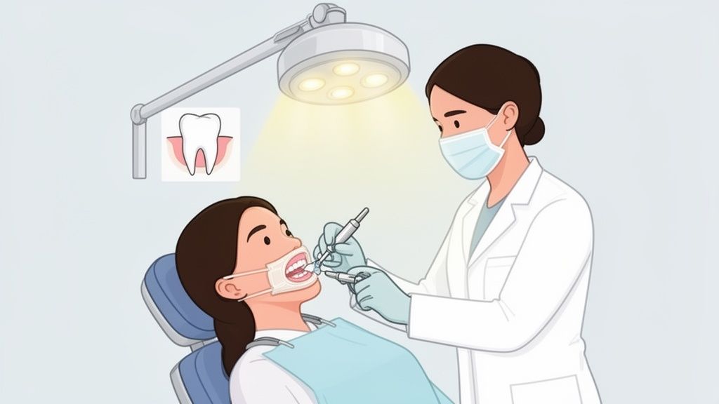 A masked dentist performs a dental examination on a patient in a chair, with a tooth diagram shown.
