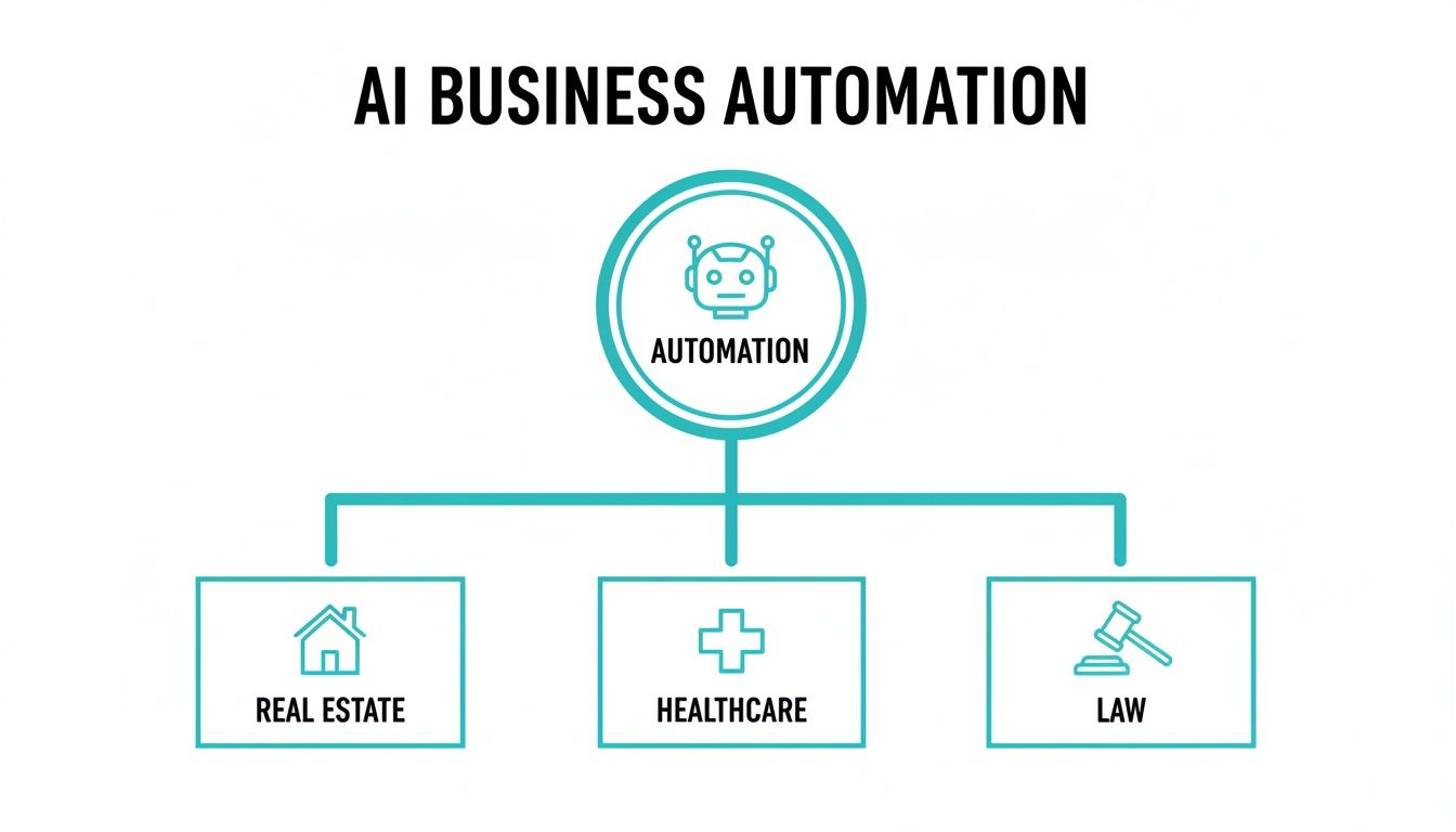 Diagram illustrating AI business automation applications in real estate, healthcare, and law.