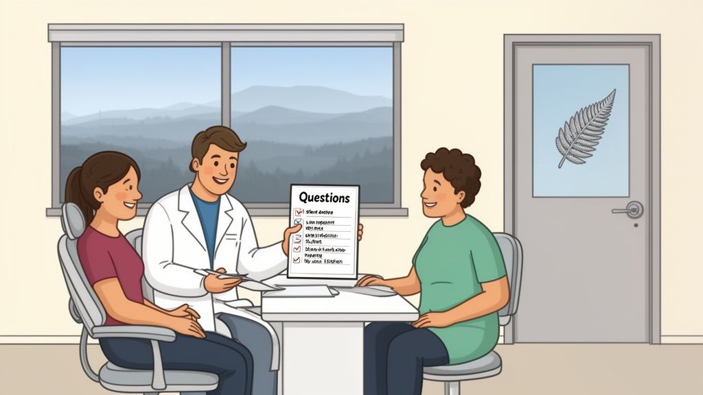 A doctor in a clinic explains a health questionnaire to two female patients, discussing their medical questions.