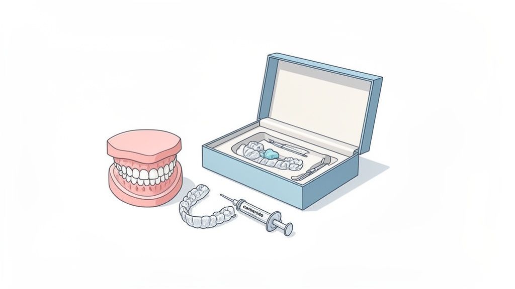 Illustration of a dental model, teeth whitening kit with clear aligners, instruments, and a carbamide syringe.