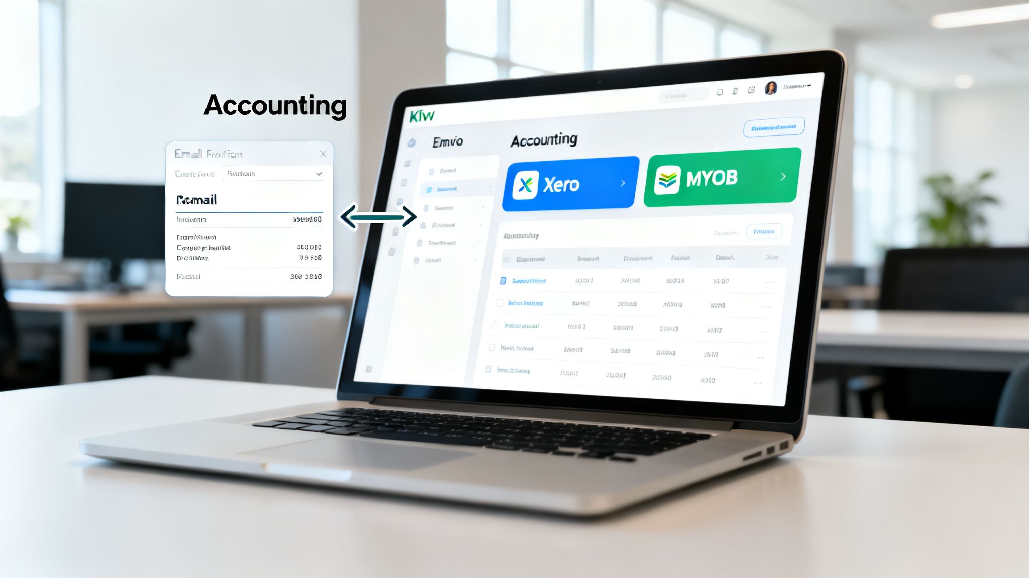 A laptop displaying accounting software like Xero and MYOB, with an email data pop-up and an arrow.