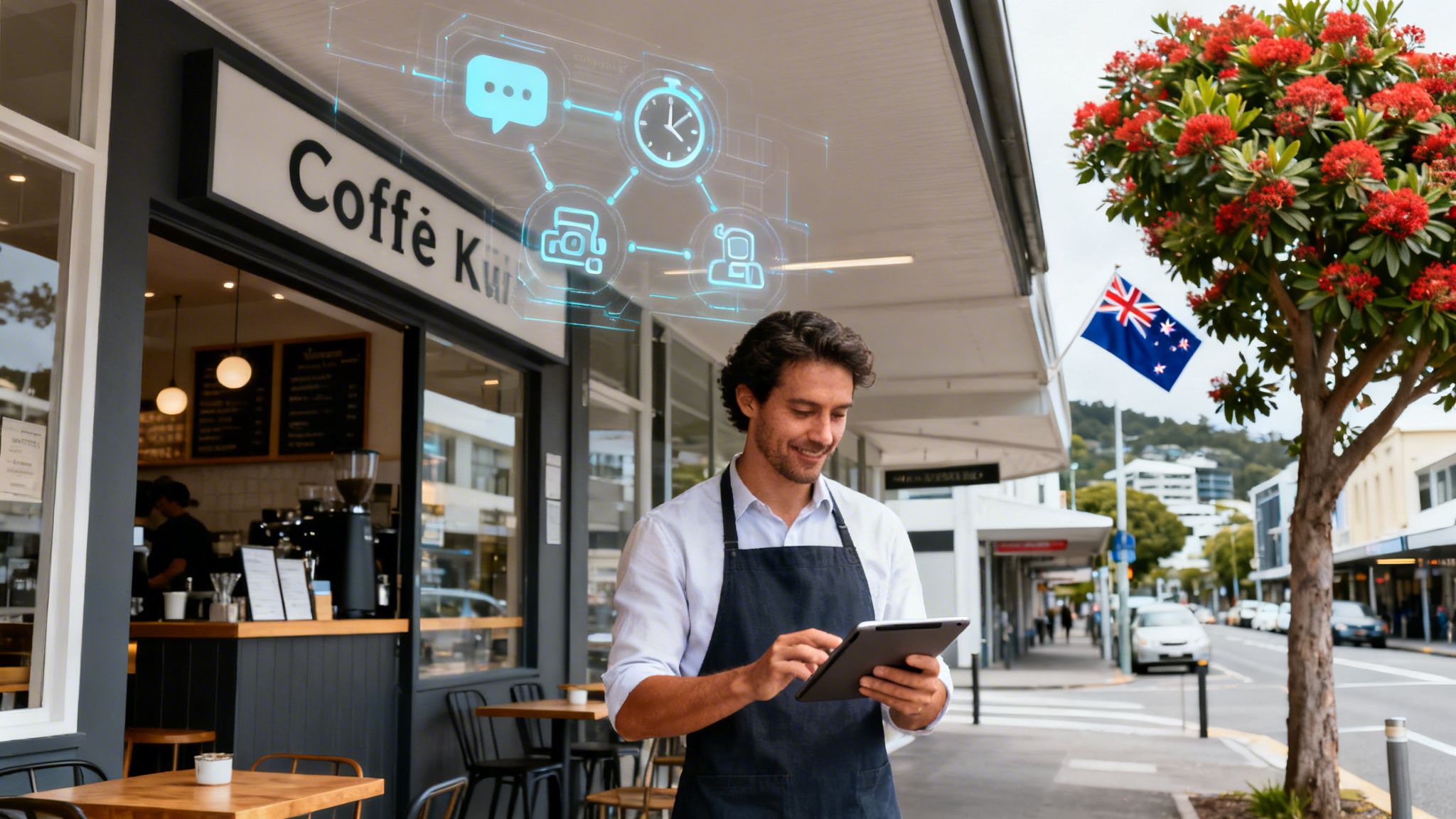 A smiling barista uses a tablet with AI automation icons outside his 'Caffè Kiwi' in New Zealand.