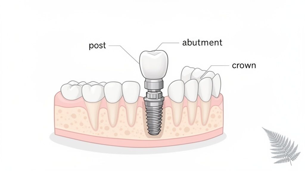 Detailed diagram illustrating a dental implant's post, abutment, and crown, set within a jawbone.