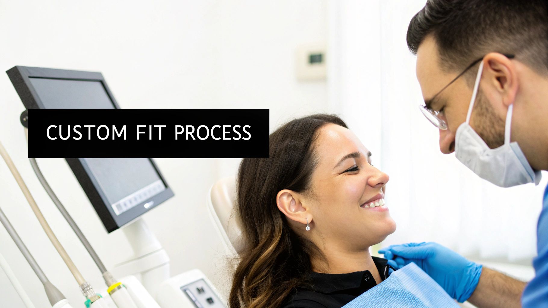 Smiling patient in a dental chair looking at a dentist explaining a custom fit process.