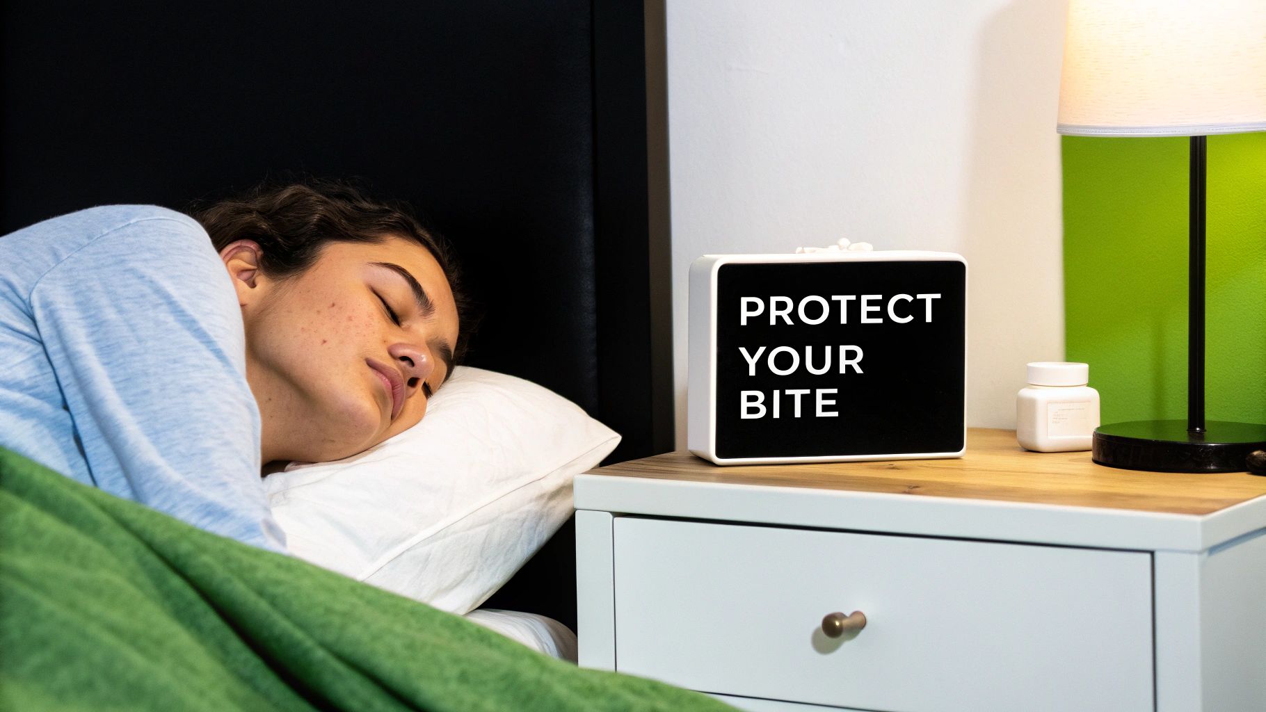 A person sleeps peacefully in bed, next to a nightstand with a 'PROTECT YOUR BITE' sign and a lamp.