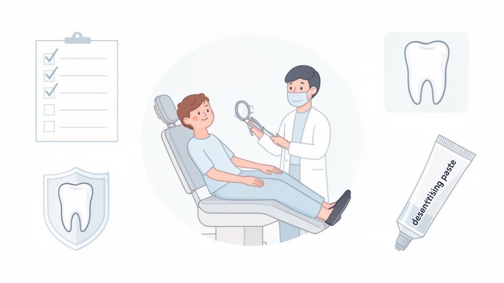 Dentist examining patient in chair, surrounded by dental care icons like checklist and toothpaste.