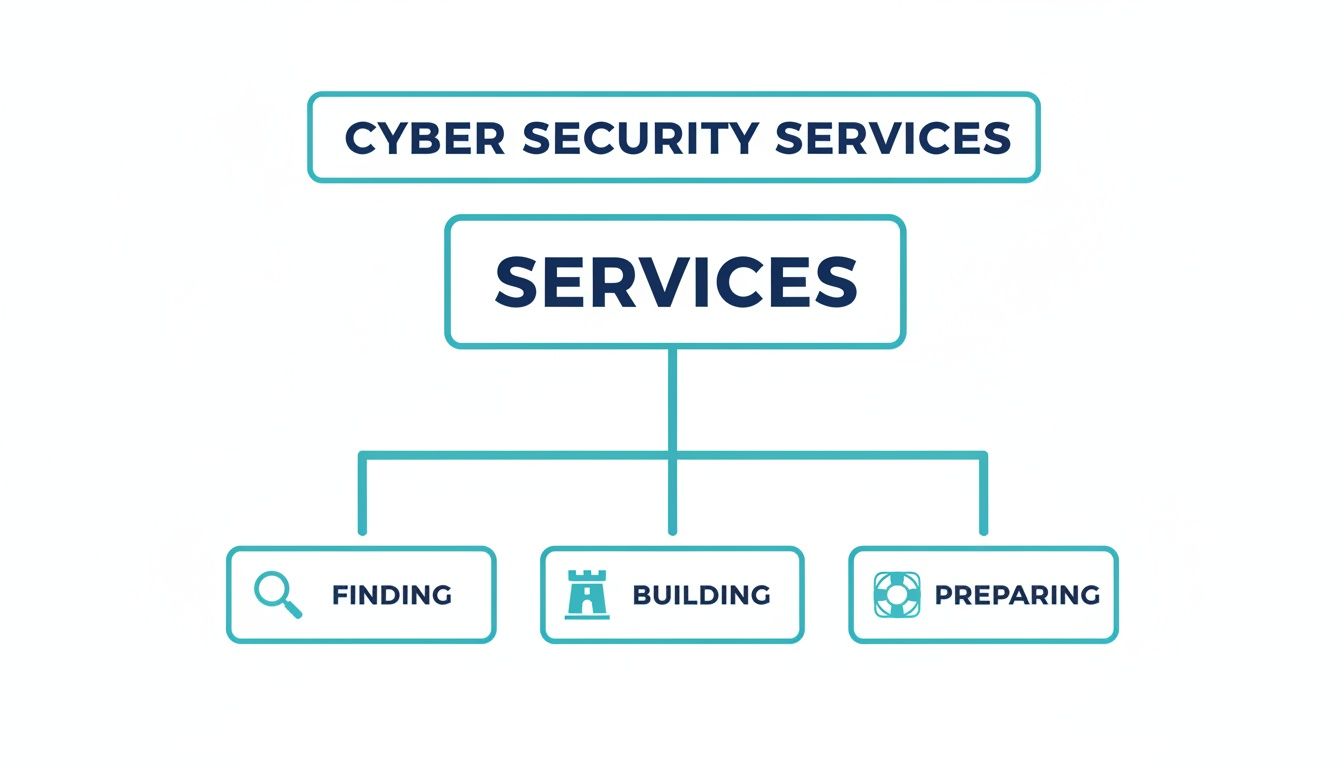 A hierarchical diagram illustrating cyber security services divided into finding, building, and preparing categories.