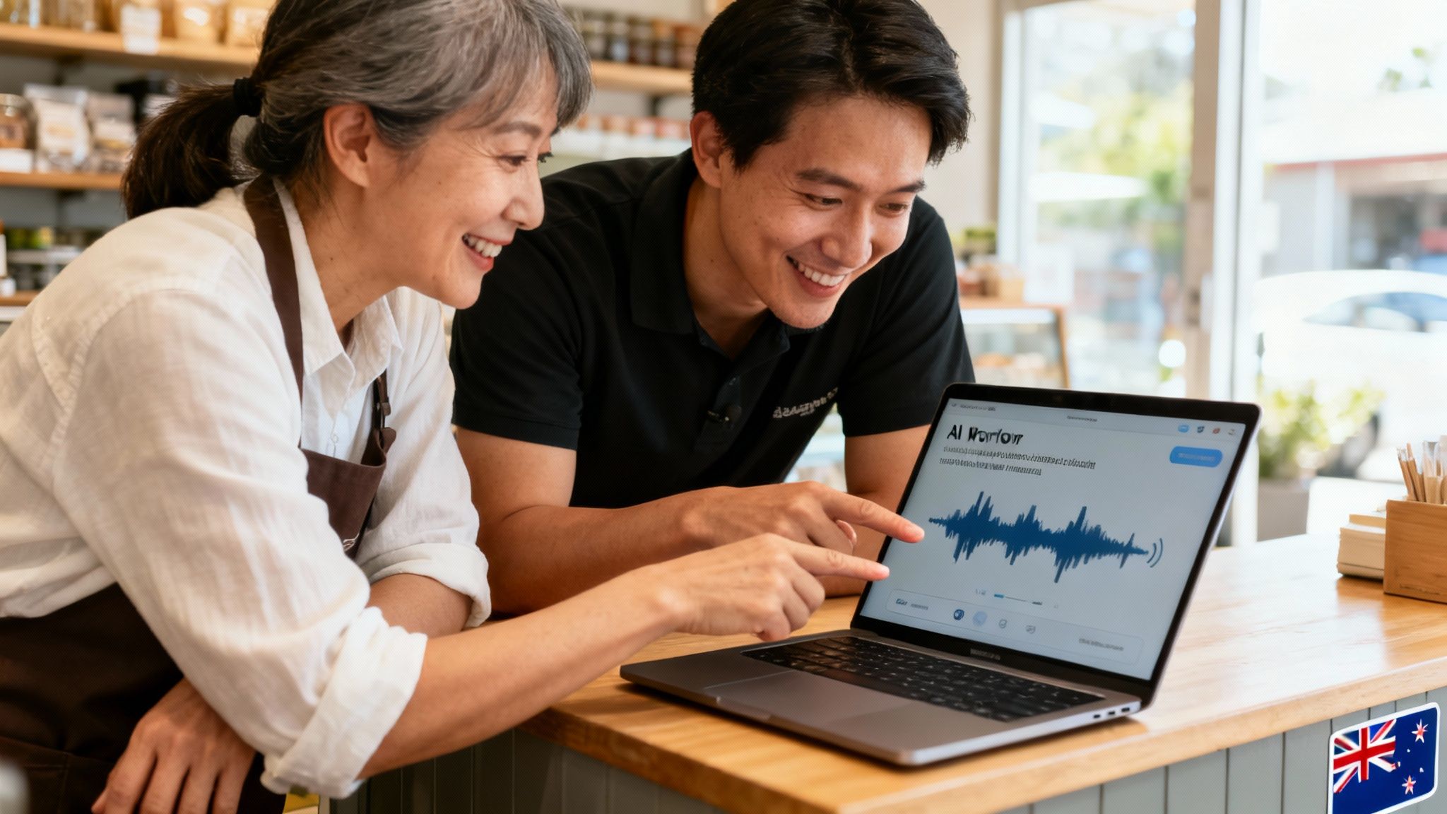 Two smiling people, a woman in an apron and a man, discuss an AI audio project on a laptop.