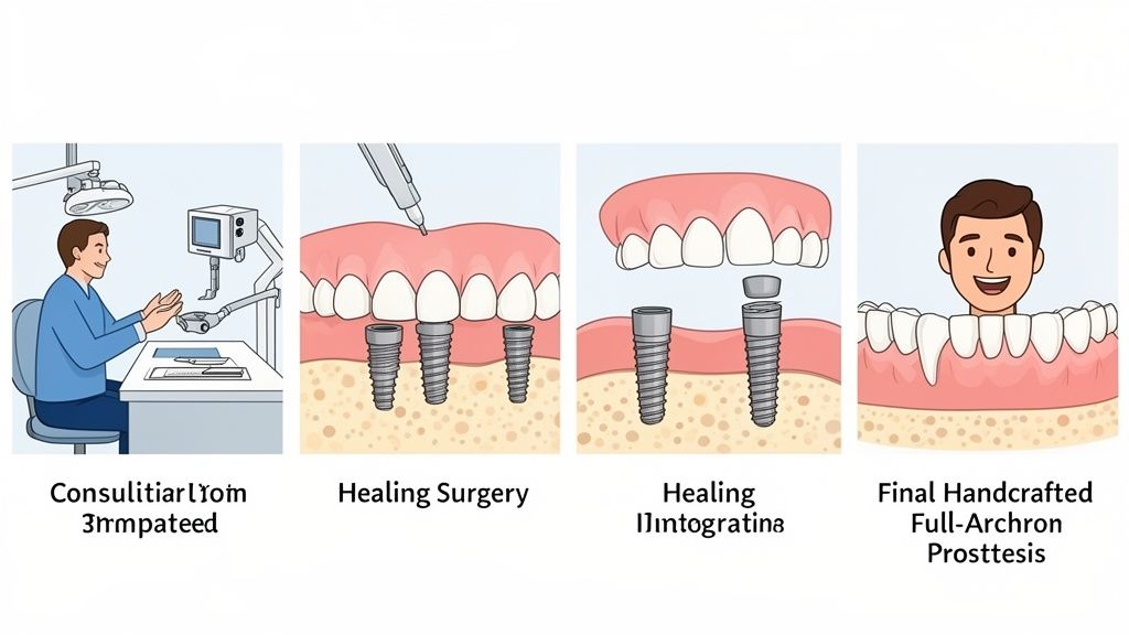A four-step diagram showing the dental implant treatment process, from consultation to final prosthesis.