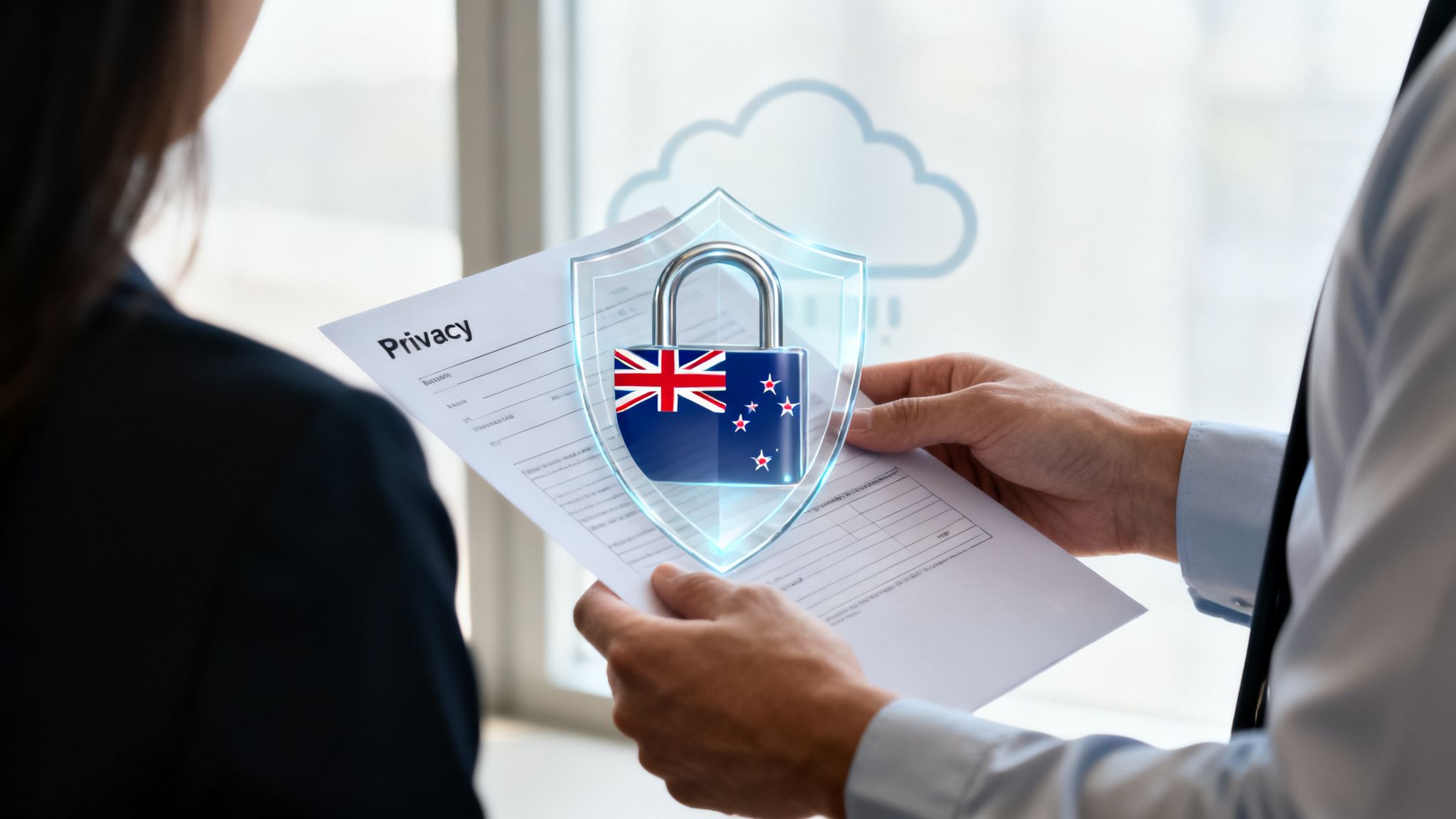 Hands hold a privacy document with a New Zealand flag padlock and shield, representing cloud data security.