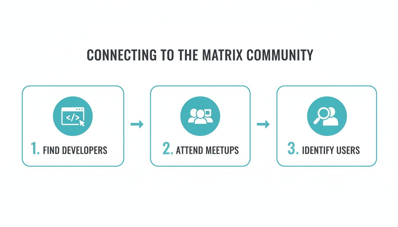 Infographic showing three steps to connect to the Matrix community: Find Developers, Attend Meetups, and Identify Users.