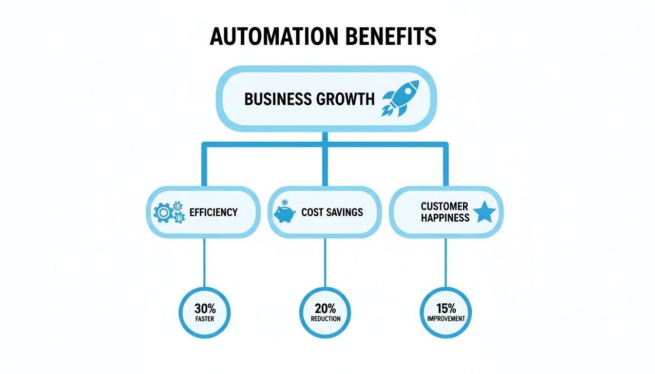 An infographic illustrating automation benefits leading to business growth through 30% faster efficiency, 20% cost reduction, and 15% customer happiness improvement.