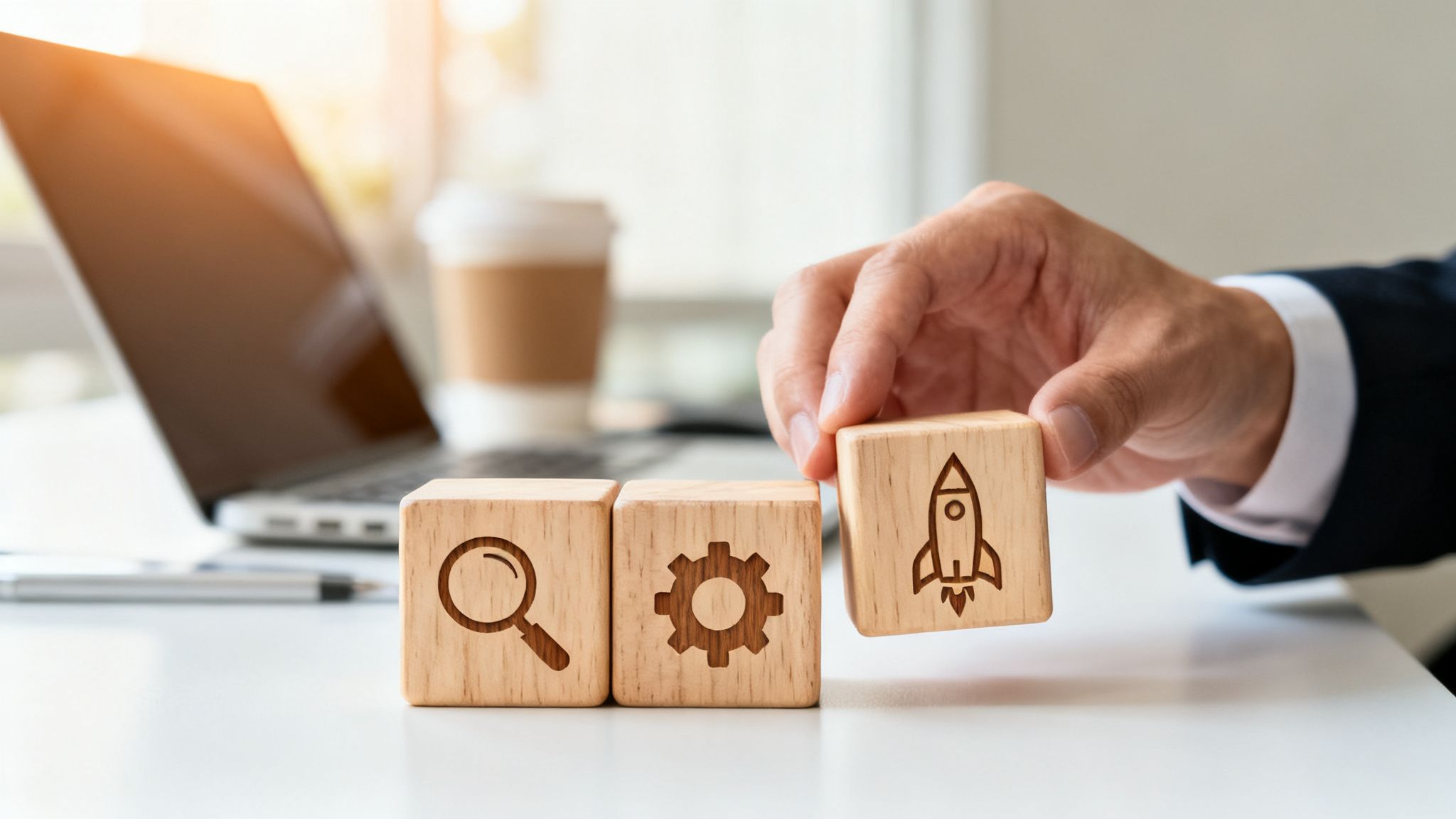 A hand places a wooden block with a rocket icon next to blocks for search and optimization.