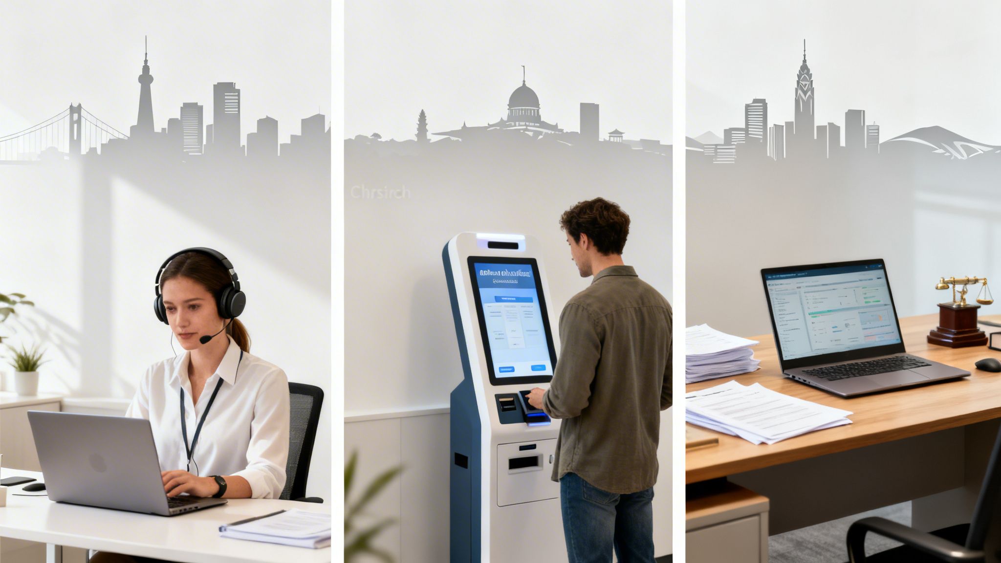 Diverse business scenes featuring customer service, self-service kiosk, and data analysis on a laptop.
