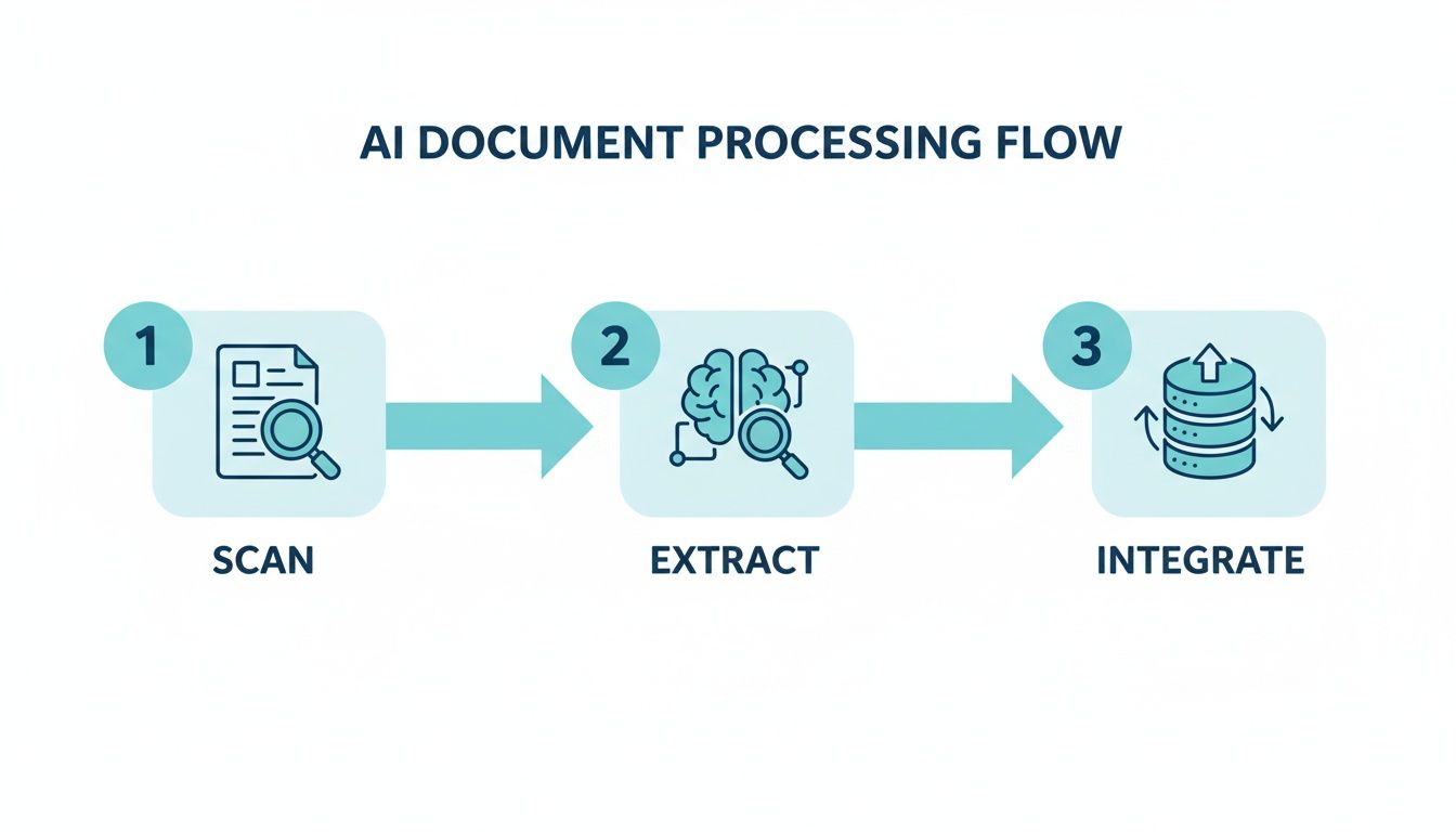 An AI document processing flow shows steps for scanning, extracting, and integrating data.